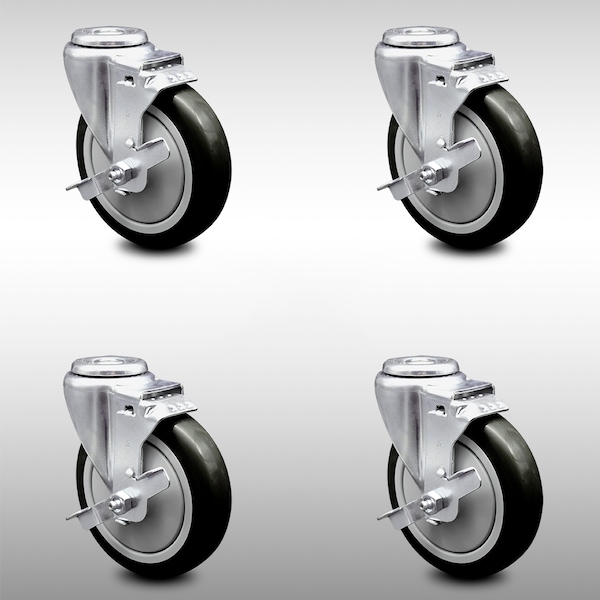 5 Inch SS Black Polyurethane Wheel Swivel Bolt Hole Caster Set with Brake SCC